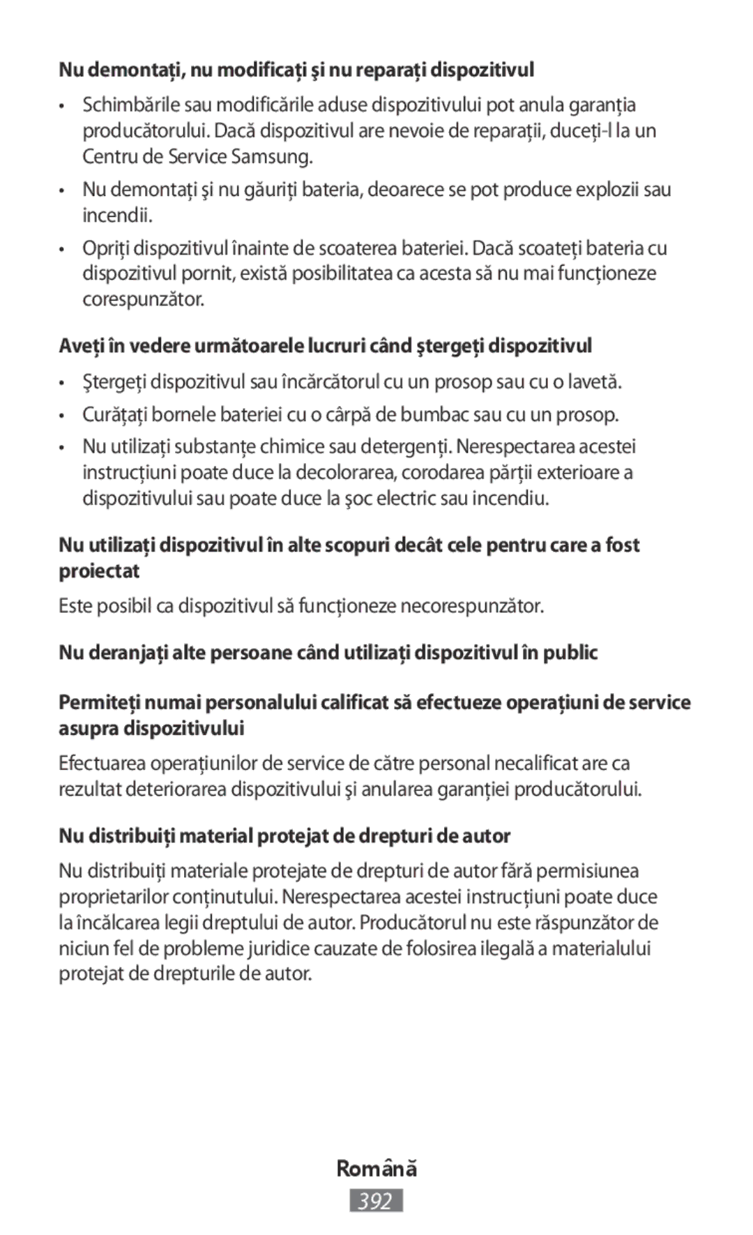 Samsung EJ-CG935UBEGRU, EJ-CG930UBEGDE, EJ-CG928MBEGDE manual Nu demontaţi, nu modificaţi şi nu reparaţi dispozitivul 