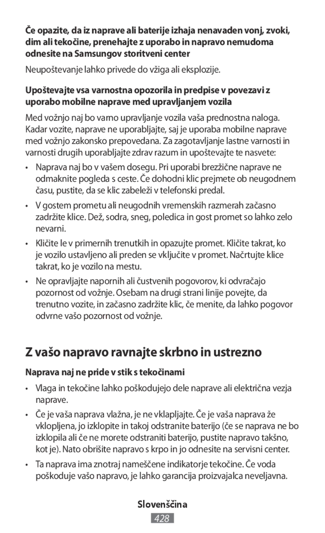 Samsung EJ-CG935UBEGRU manual Vašo napravo ravnajte skrbno in ustrezno, Neupoštevanje lahko privede do vžiga ali eksplozije 