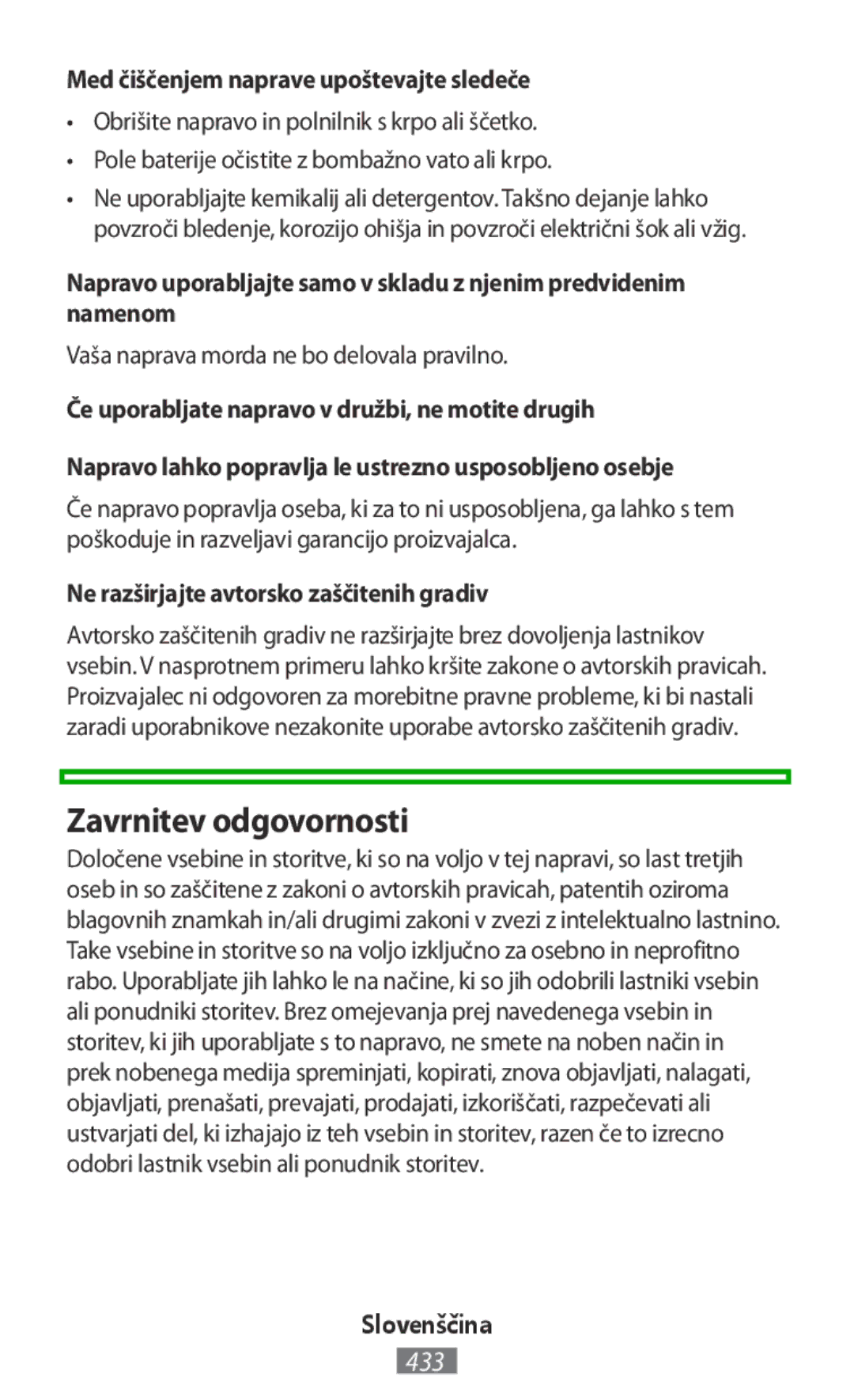 Samsung EJ-CG928MFEGDE, EJ-CG930UBEGDE, EJ-CG928MBEGDE Zavrnitev odgovornosti, Med čiščenjem naprave upoštevajte sledeče 