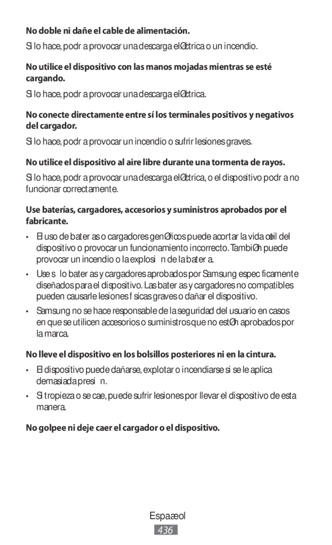 Samsung EJ-CG935UFEGDE No doble ni dañe el cable de alimentación, No golpee ni deje caer el cargador o el dispositivo 