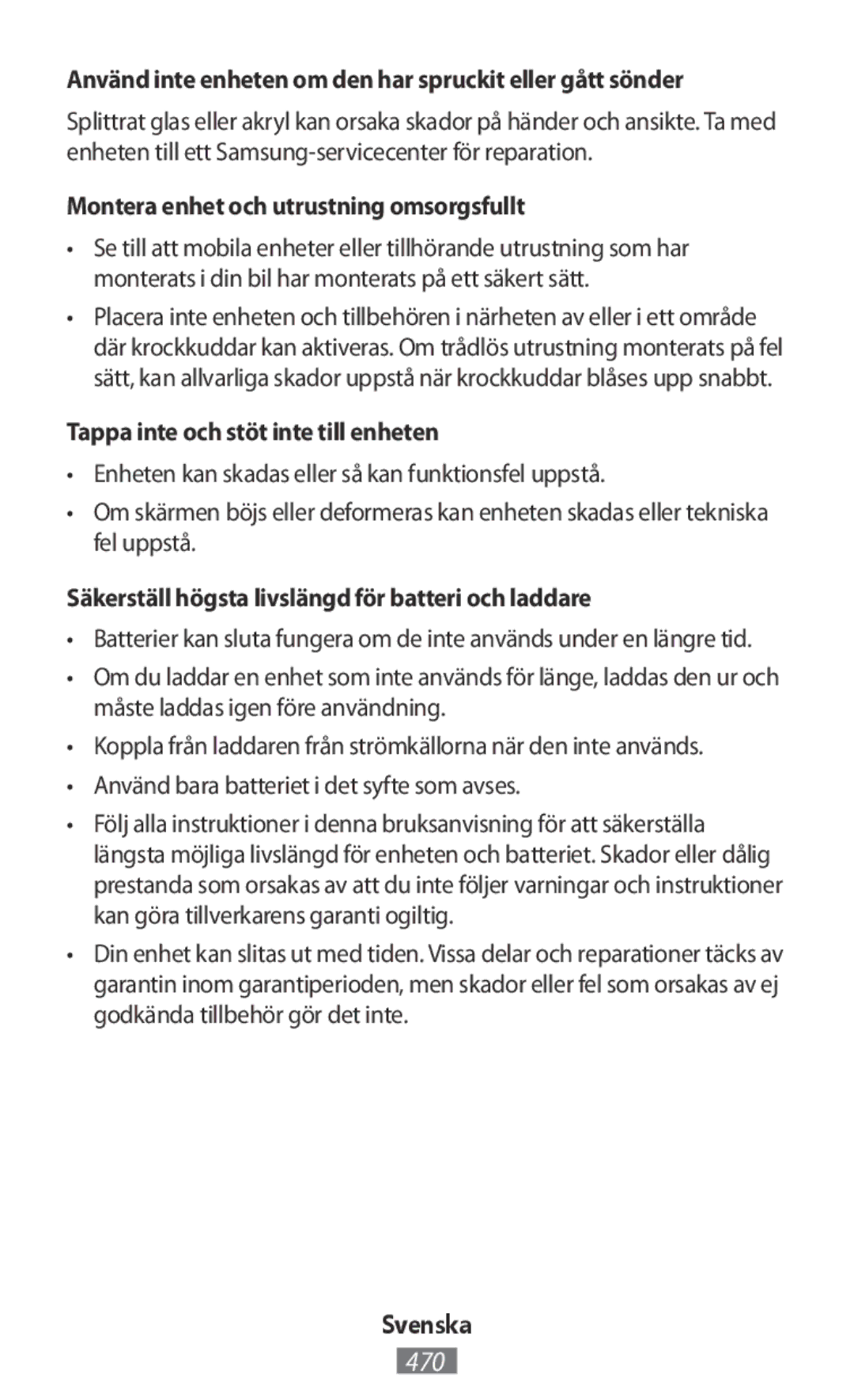 Samsung EJ-CG930UFEGDE Använd inte enheten om den har spruckit eller gått sönder, Tappa inte och stöt inte till enheten 