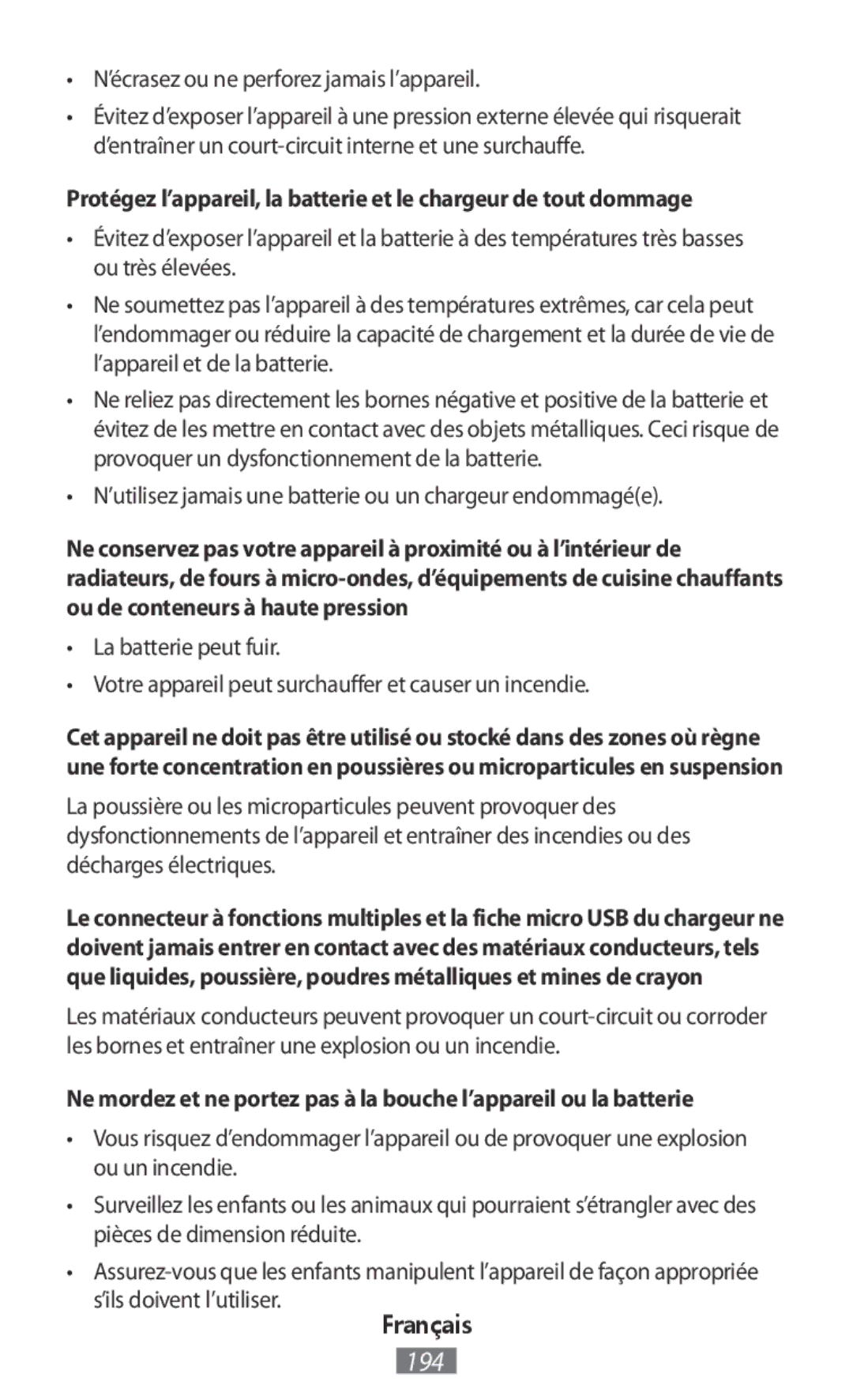 Samsung EP-PG920IBRGRU ’écrasez ou ne perforez jamais l’appareil, ’utilisez jamais une batterie ou un chargeur endommagée 