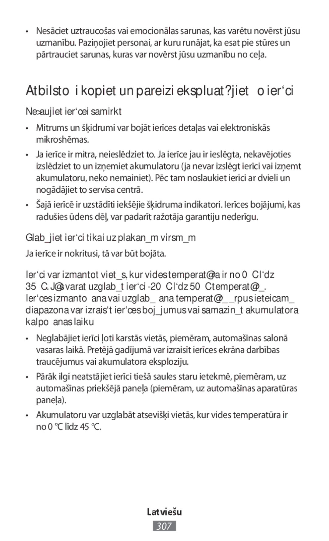 Samsung EP-PN920BWRGRU, EJ-CG955BBEGDE manual Neļaujiet ierīcei samirkt, Glabājiet ierīci tikai uz plakanām virsmām 