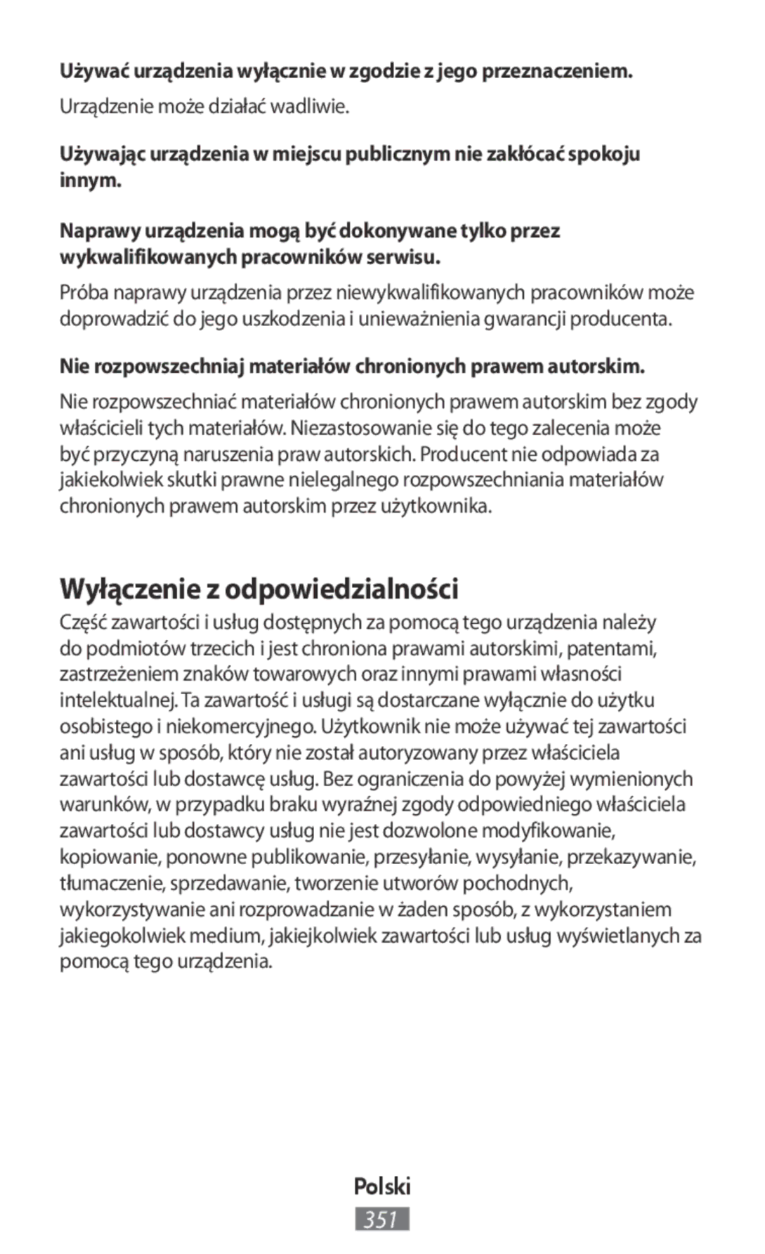 Samsung EP-PN920BBRGRU manual Wyłączenie z odpowiedzialności, Używać urządzenia wyłącznie w zgodzie z jego przeznaczeniem 