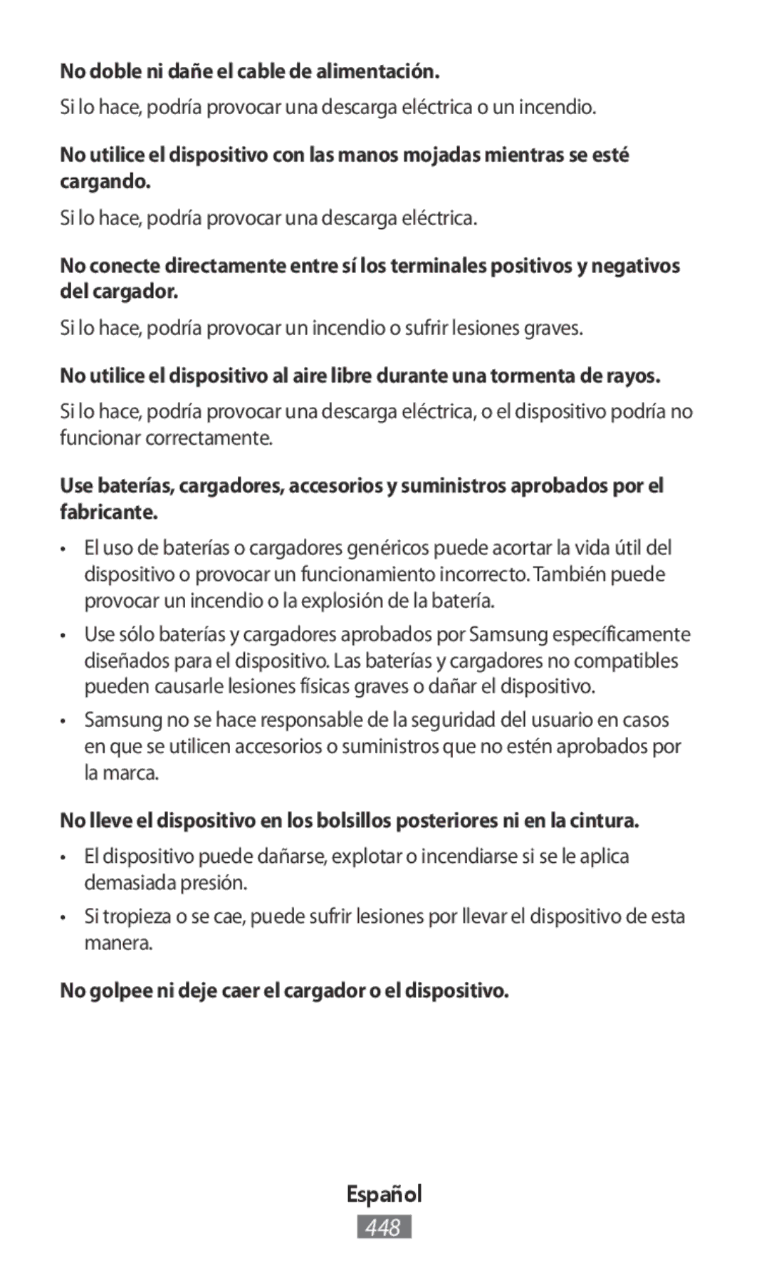 Samsung EP-PN920TBEGWW No doble ni dañe el cable de alimentación, No golpee ni deje caer el cargador o el dispositivo 