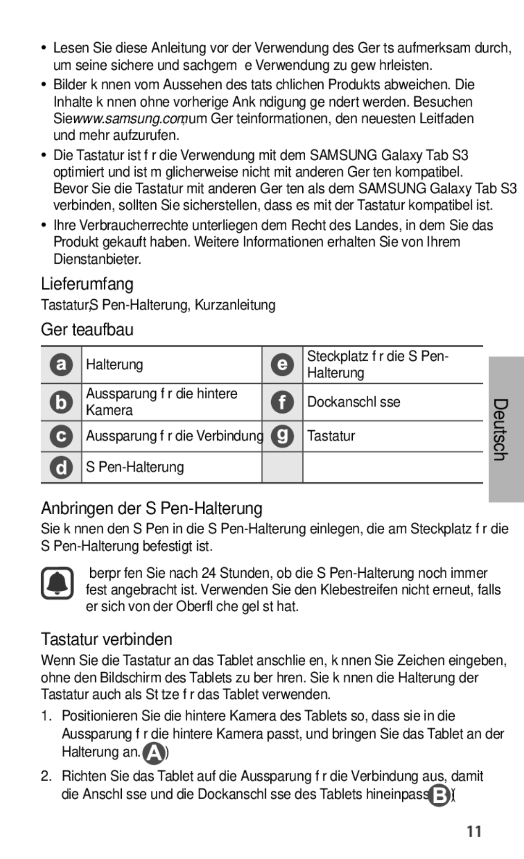 Samsung EJ-FT820BSRGRU manual Lieferumfang, Geräteaufbau, Anbringen der S Pen-Halterung, Tastatur verbinden, Deutsch 