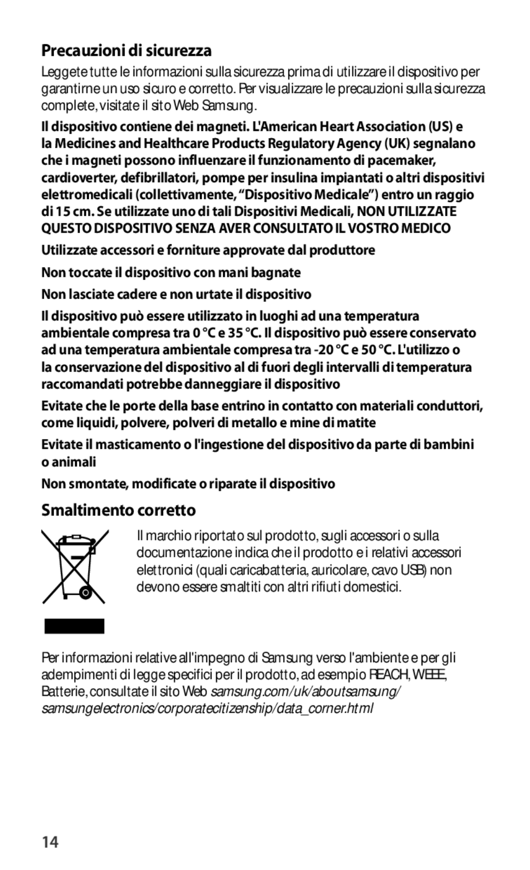 Samsung EJ-FT820BSEGIT Precauzioni di sicurezza, Smaltimento corretto, Non lasciate cadere e non urtate il dispositivo 