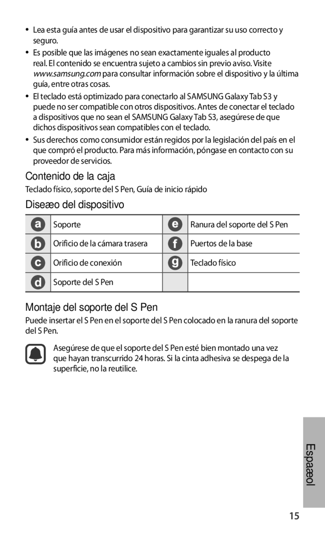 Samsung EJ-FT820BSEGES, EJ-FT820BSEGDE manual Contenido de la caja, Diseño del dispositivo, Montaje del soporte del S Pen 