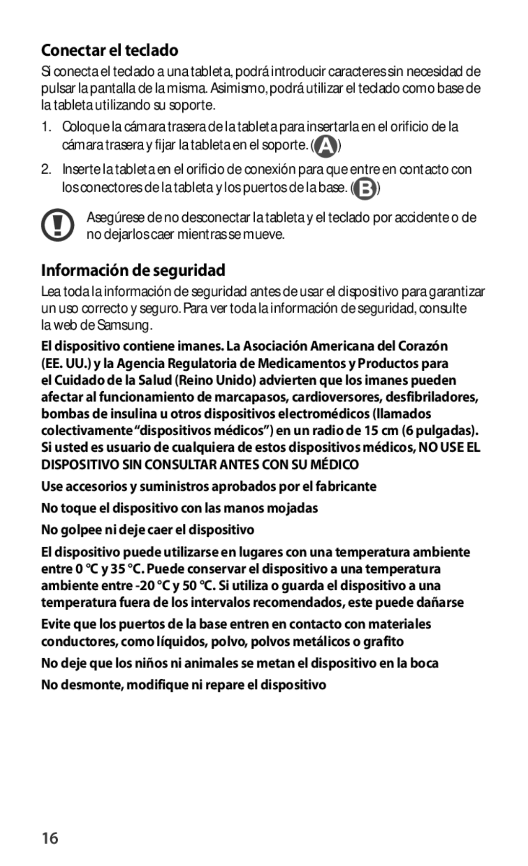 Samsung EJ-FT820BSEGSE manual Conectar el teclado, Información de seguridad, No golpee ni deje caer el dispositivo 