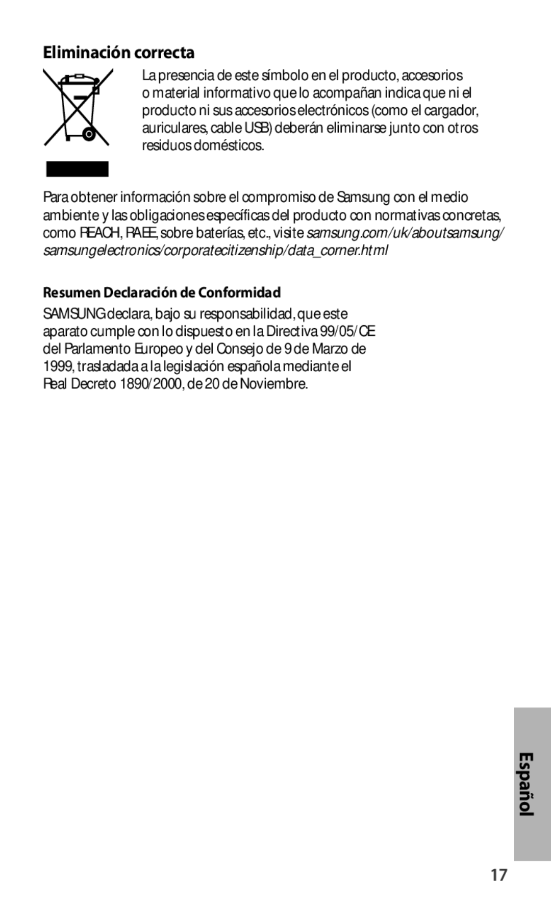 Samsung EJ-FT820BSRGRU, EJ-FT820BSEGDE, EJ-FT820BSEGFR manual Eliminación correcta, Resumen Declaración de Conformidad 