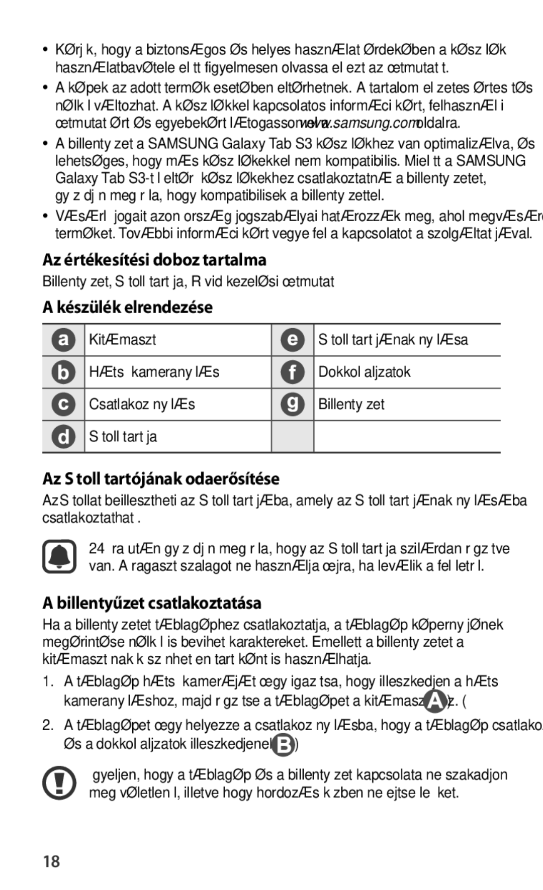 Samsung EJ-FT820BSEGDE manual Az értékesítési doboz tartalma, Készülék elrendezése, Az S toll tartójának odaerősítése 