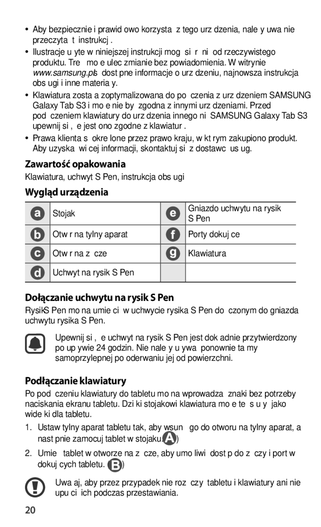 Samsung EJ-FT820BSEGIT Zawartość opakowania, Wygląd urządzenia, Dołączanie uchwytu na rysik S Pen, Podłączanie klawiatury 