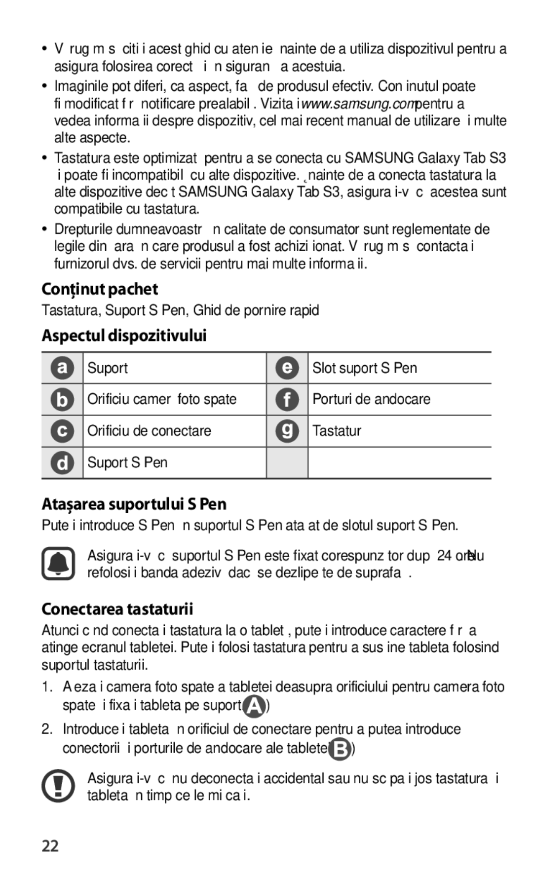 Samsung EJ-FT820BSEGSE manual Conţinut pachet, Aspectul dispozitivului, Atașarea suportului S Pen, Conectarea tastaturii 