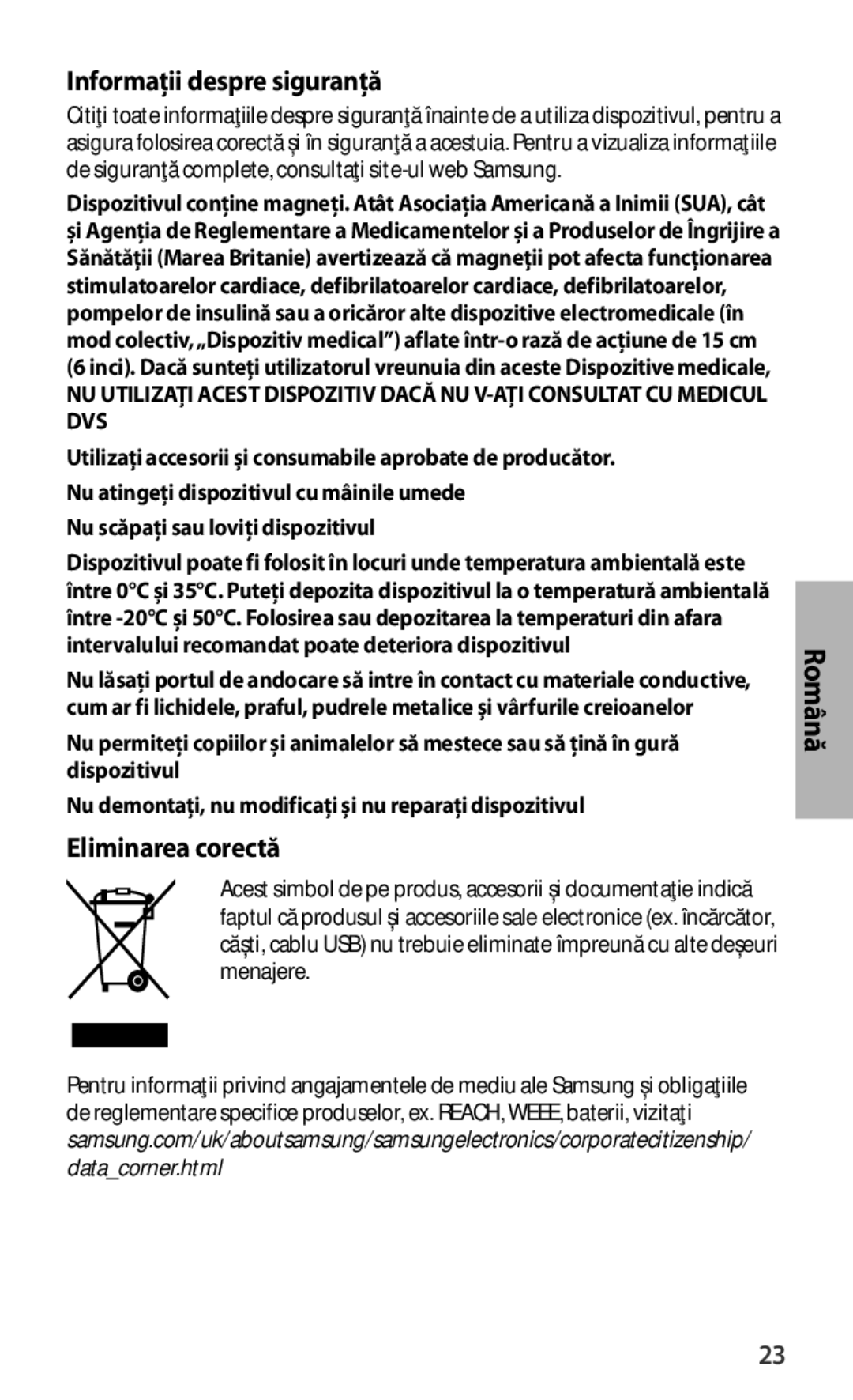 Samsung EJ-FT820BSRGRU, EJ-FT820BSEGDE Informaţii despre siguranţă, Eliminarea corectă, Nu scăpaţi sau loviţi dispozitivul 