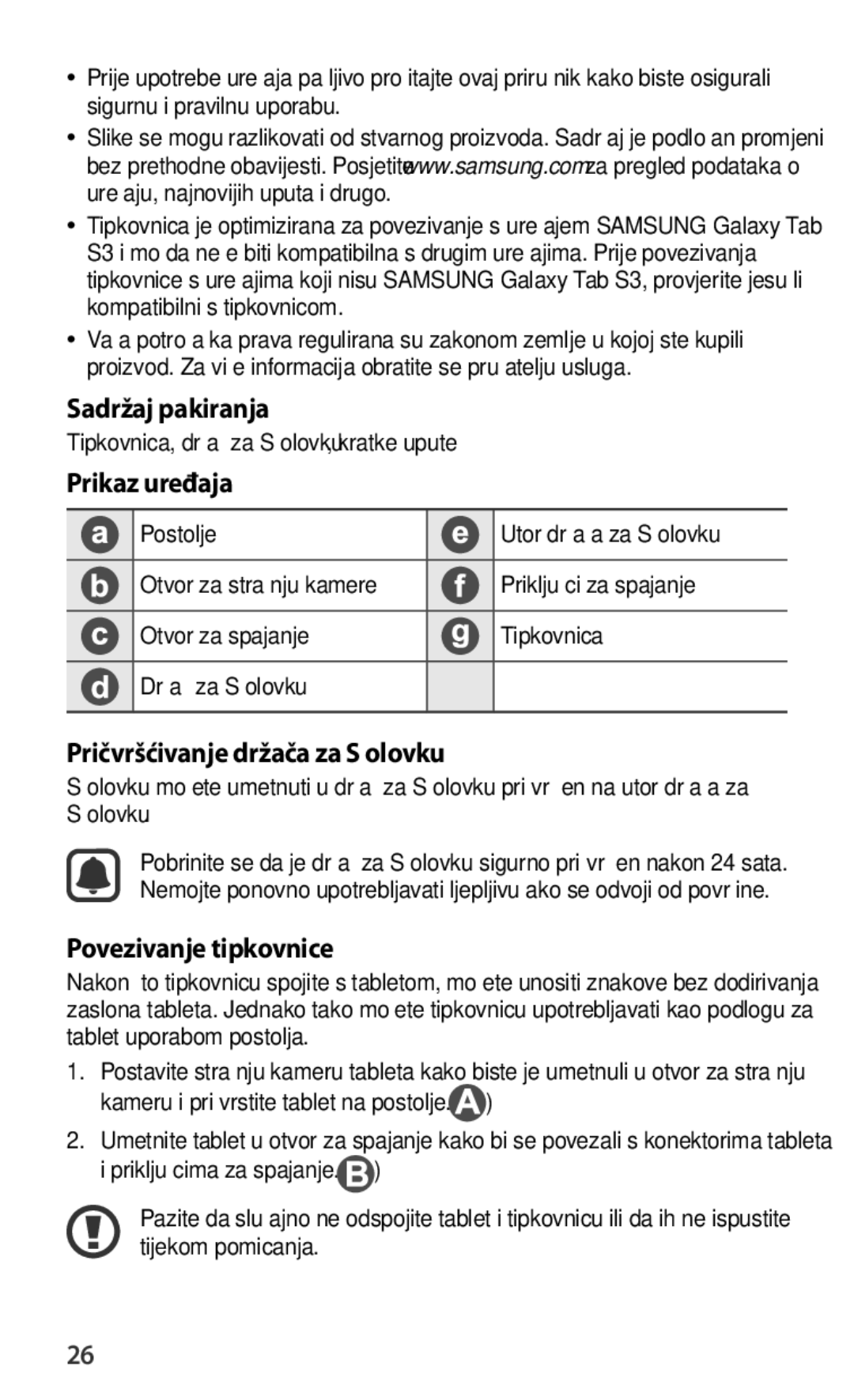 Samsung EJ-FT820BSEGIT manual Sadržaj pakiranja, Prikaz uređaja, Pričvršćivanje držača za S olovku, Povezivanje tipkovnice 