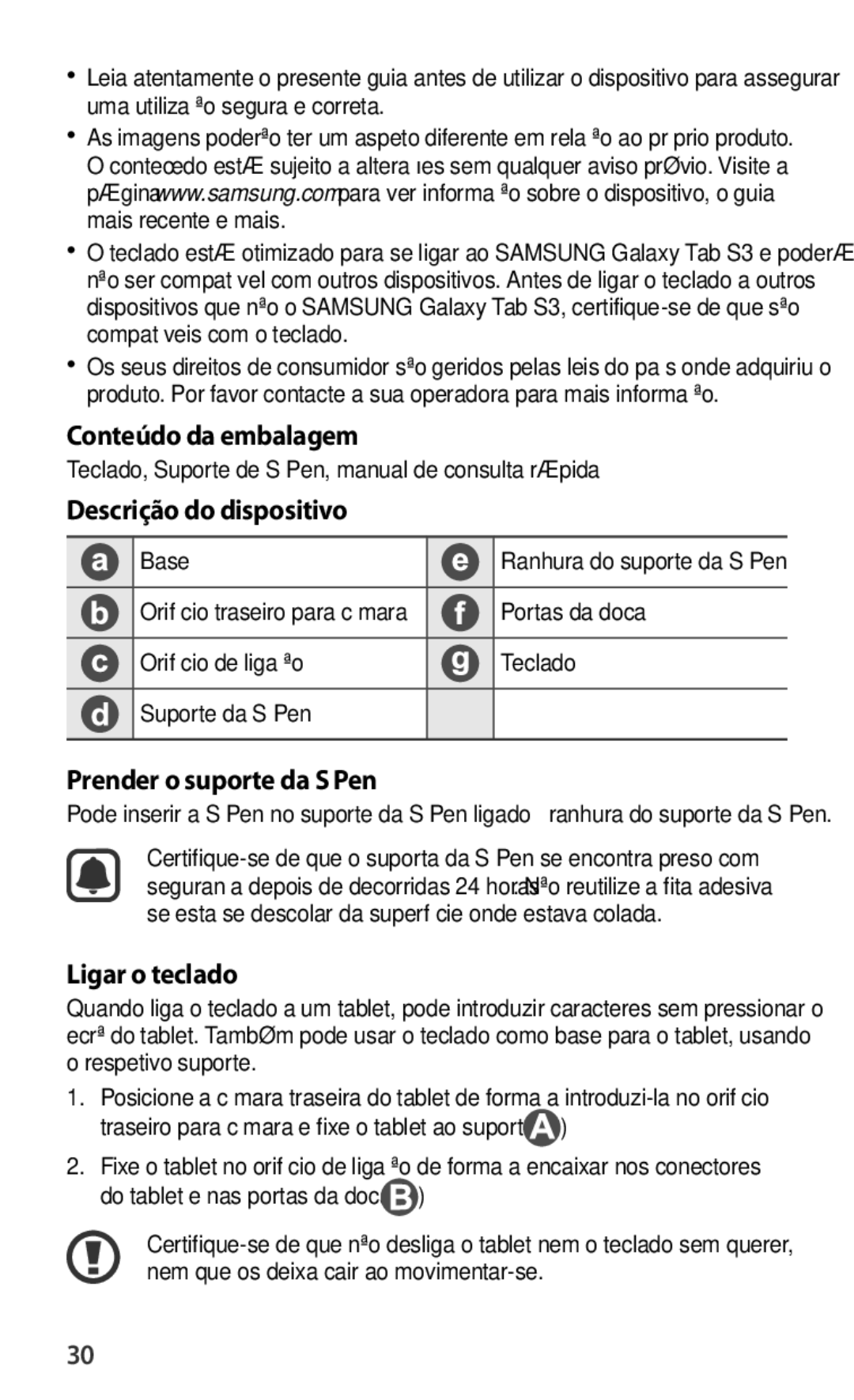 Samsung EJ-FT820BSEGDE manual Conteúdo da embalagem, Descrição do dispositivo, Prender o suporte da S Pen, Ligar o teclado 