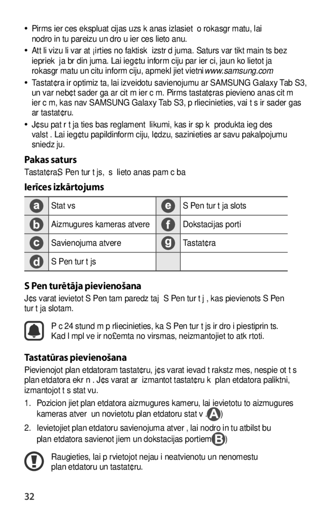 Samsung EJ-FT820BSEGIT manual Pakas saturs, Ierīces izkārtojums, Pen turētāja pievienošana, Tastatūras pievienošana 