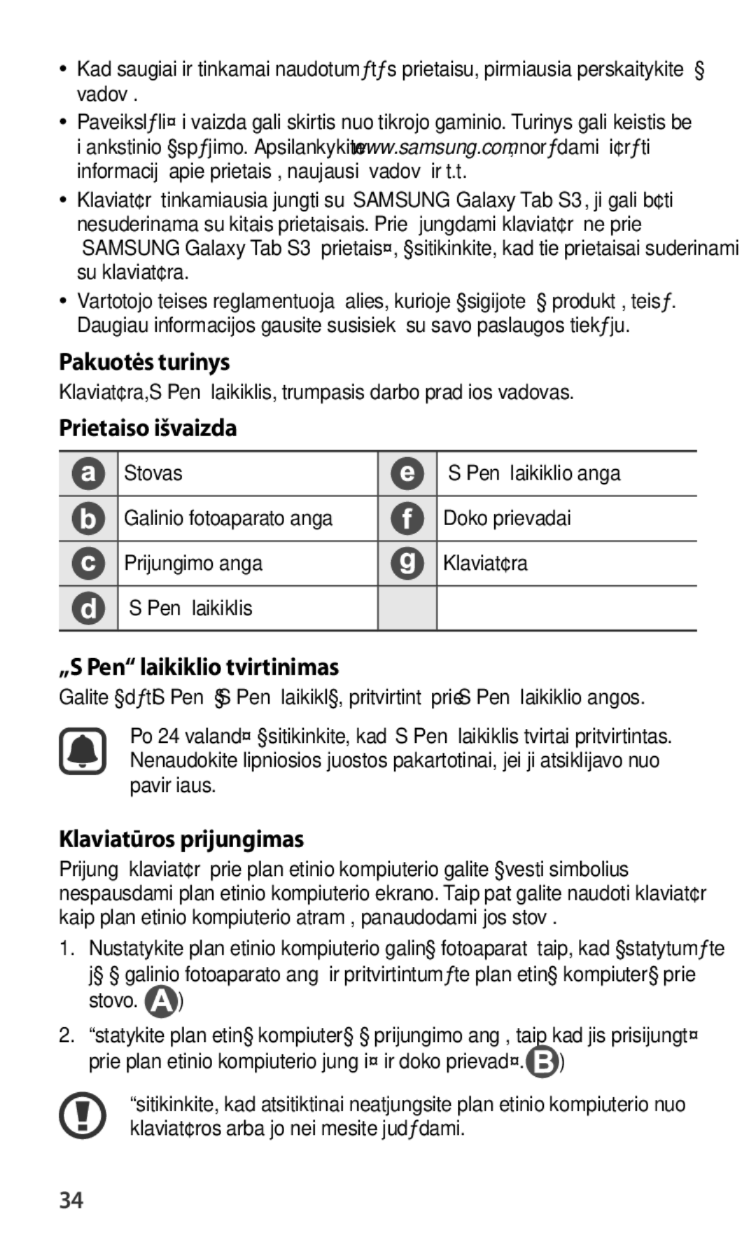 Samsung EJ-FT820BSEGSE manual Pakuotės turinys, Prietaiso išvaizda, „S Pen laikiklio tvirtinimas, Klaviatūros prijungimas 