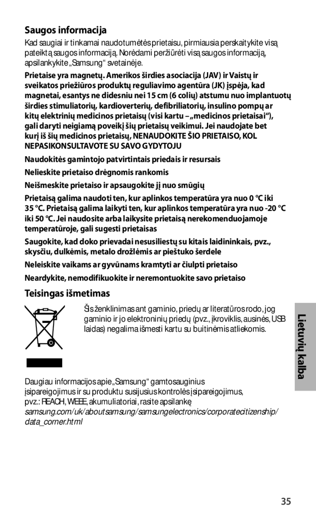 Samsung EJ-FT820BSRGRU, EJ-FT820BSEGDE, EJ-FT820BSEGFR manual Saugos informacija, Teisingas išmetimas, Lietuvių kalba 