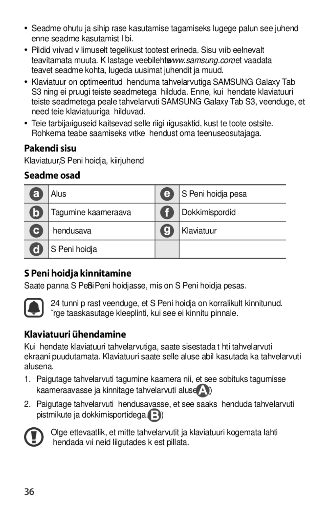 Samsung EJ-FT820BSEGDE, EJ-FT820BSEGFR manual Pakendi sisu, Seadme osad, Peni hoidja kinnitamine, Klaviatuuri ühendamine 