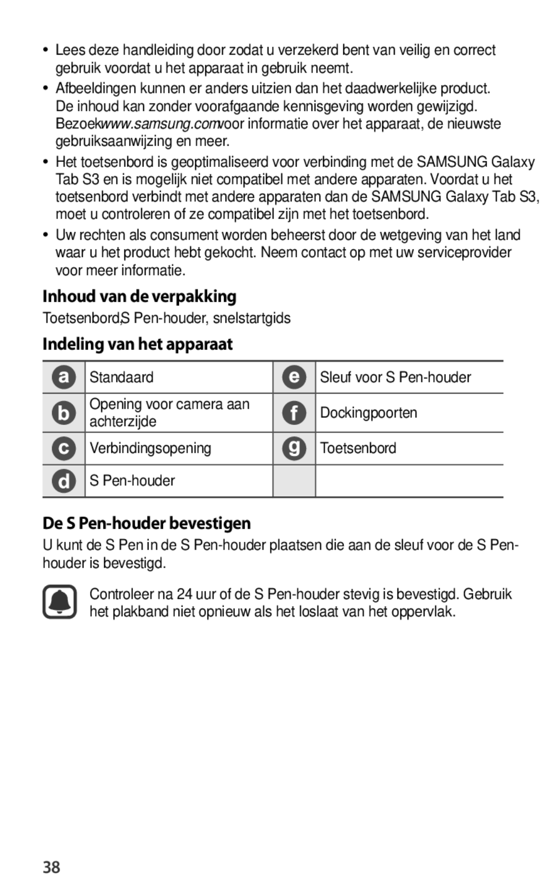 Samsung EJ-FT820BSEGIT, EJ-FT820BSEGDE Inhoud van de verpakking, Indeling van het apparaat, De S Pen-houder bevestigen 