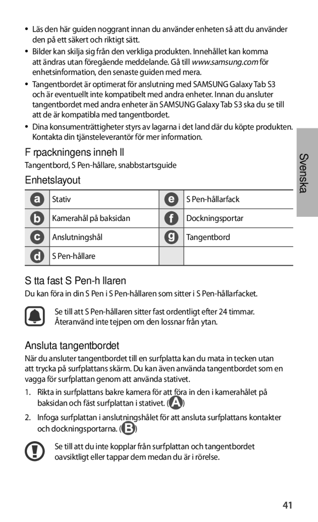 Samsung EJ-FT820BSRGRU Förpackningens innehåll, Enhetslayout, Svenska Sätta fast S Pen-hållaren, Ansluta tangentbordet 