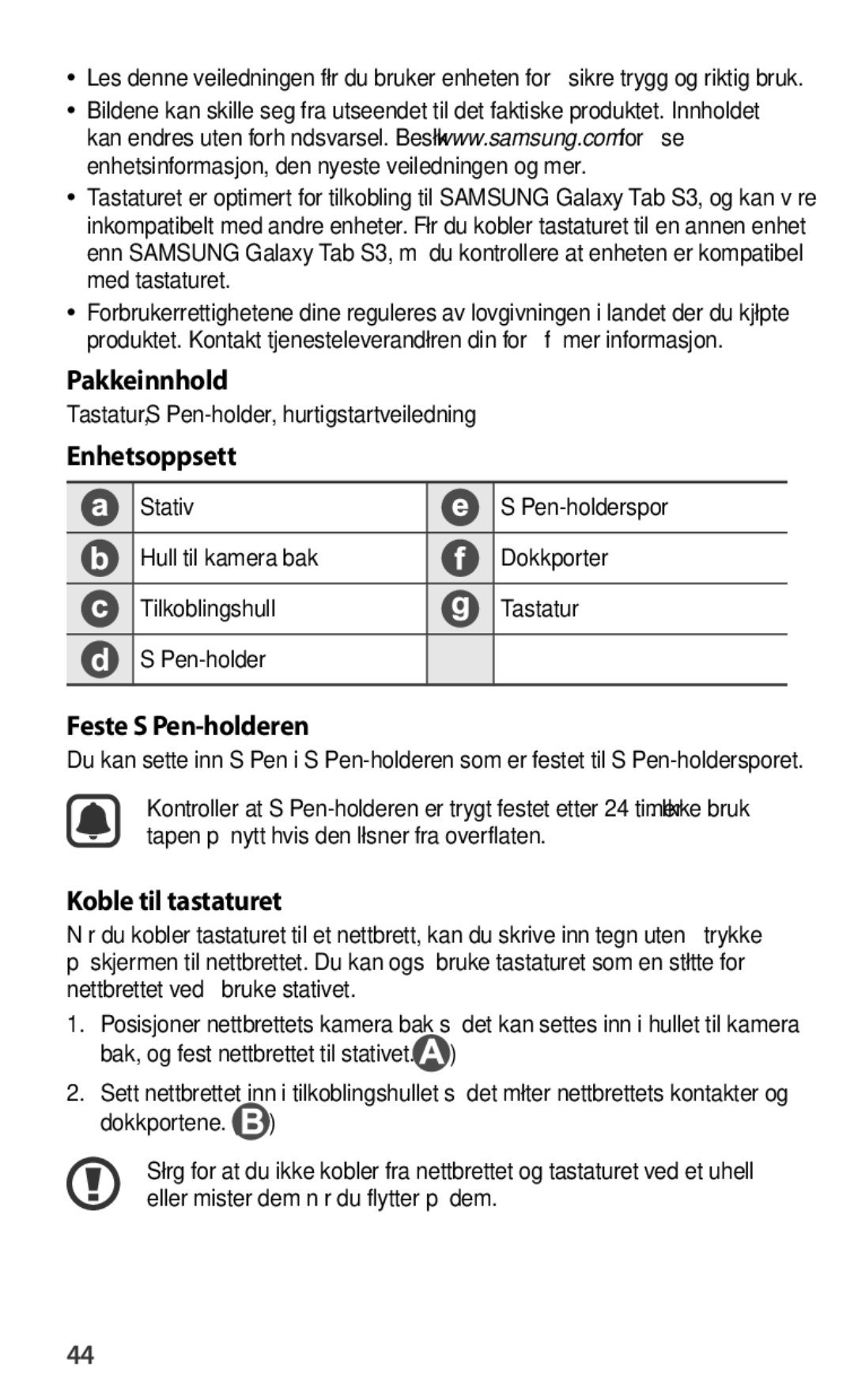 Samsung EJ-FT820BSEGIT, EJ-FT820BSEGDE manual Pakkeinnhold, Enhetsoppsett, Feste S Pen-holderen, Koble til tastaturet 