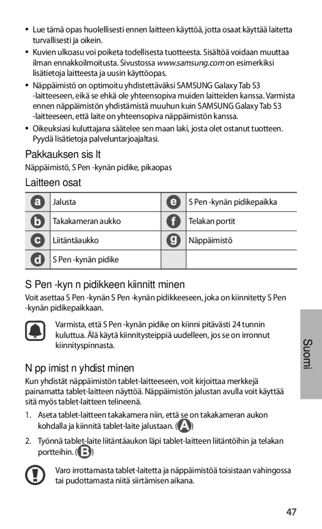 Samsung EJ-FT820BSRGRU Pakkauksen sisältö, Laitteen osat, Pen -kynän pidikkeen kiinnittäminen, Näppäimistön yhdistäminen 