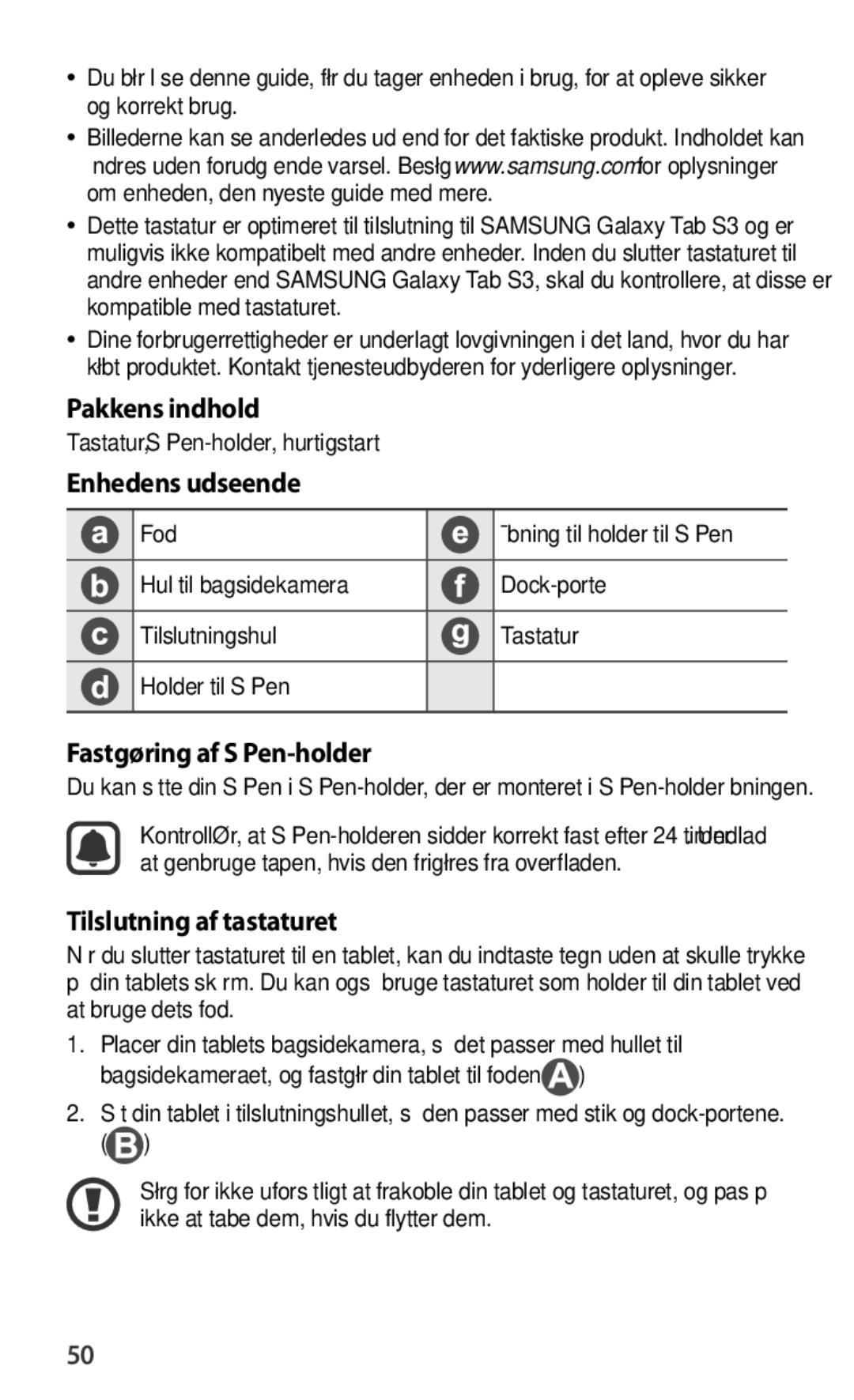 Samsung EJ-FT820BSEGIT manual Pakkens indhold, Enhedens udseende, Fastgøring af S Pen-holder, Tilslutning af tastaturet 