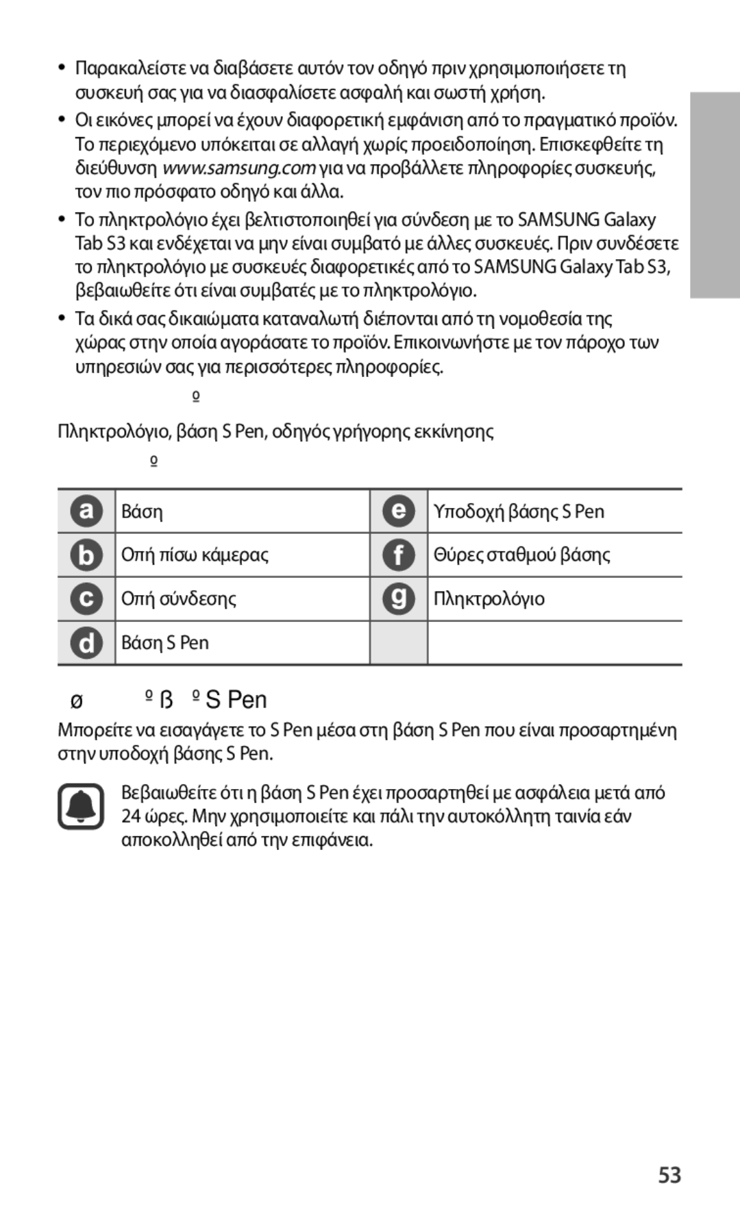 Samsung EJ-FT820BSRGRU, EJ-FT820BSEGDE Περιεχόμενα συσκευασίας, Διάταξη συσκευής, Προσάρτηση της βάσης S Pen, Ελληνικά 