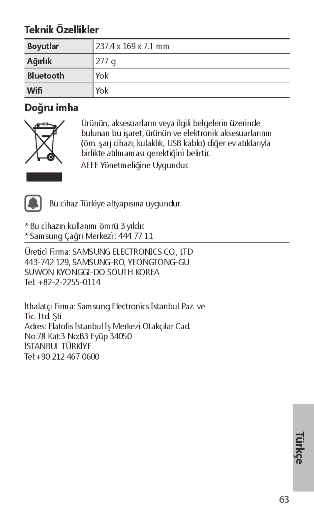 Samsung EJ-FT820BSEGES, EJ-FT820BSEGDE, EJ-FT820BSEGFR, EJ-FT820BSEGIT, EJ-FT820BSEGSE, EJ-FT820BSRGRU manual Teknik Özellikler 