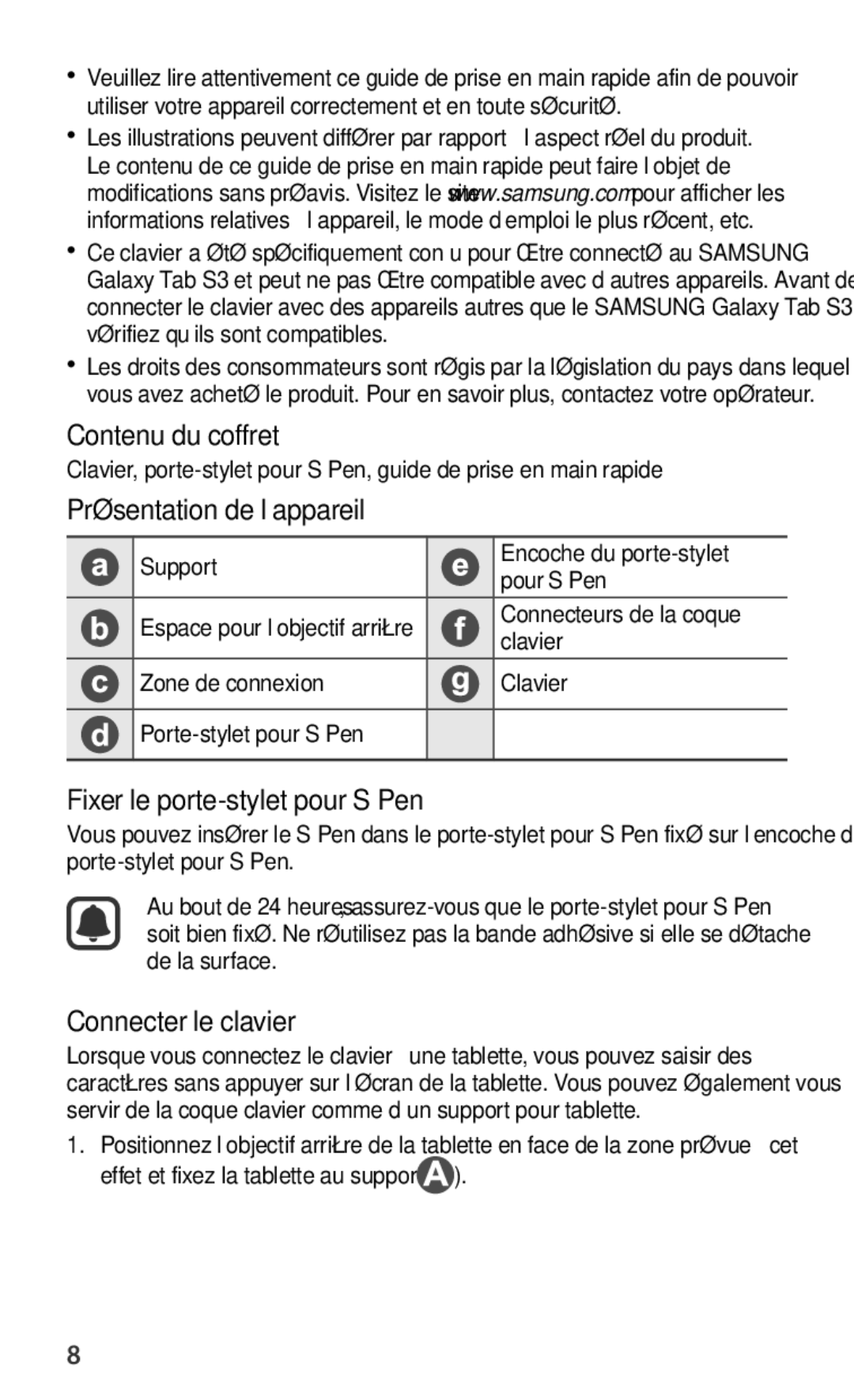 Samsung EJ-FT820BSEGIT, EJ-FT820BSEGDE Contenu du coffret, Présentation de l’appareil, Fixer le porte-stylet pour S Pen 