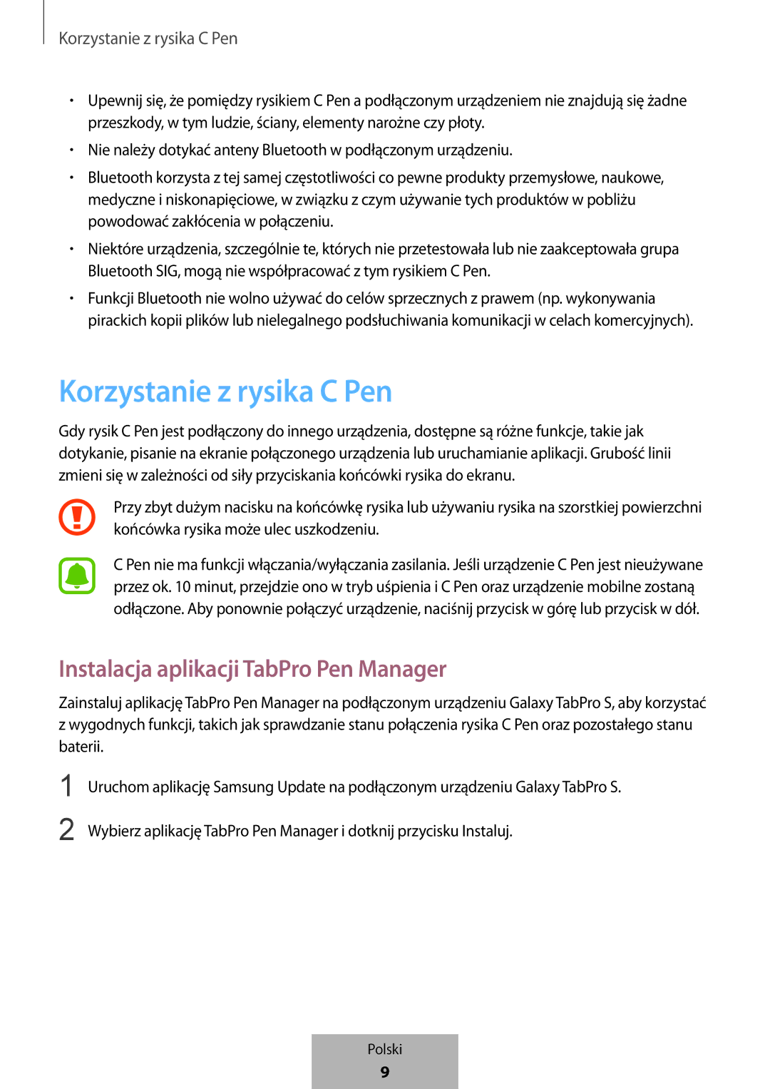 Samsung EJ-PW700CBEGWW manual Korzystanie z rysika C Pen, Instalacja aplikacji TabPro Pen Manager 