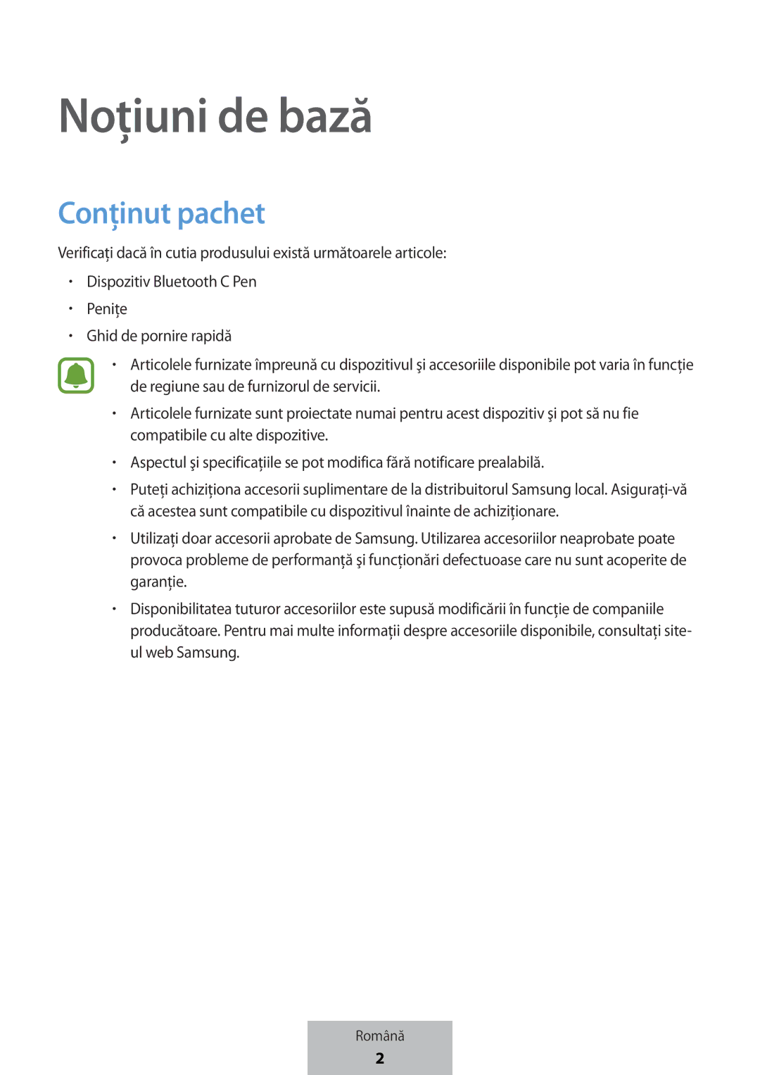 Samsung EJ-PW700CBEGWW manual Noțiuni de bază, Conţinut pachet 