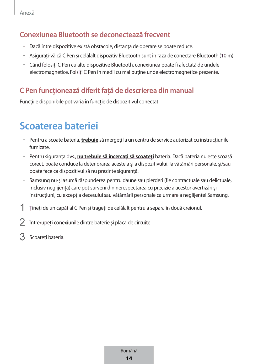 Samsung EJ-PW700CBEGWW manual Scoaterea bateriei, Conexiunea Bluetooth se deconectează frecvent 