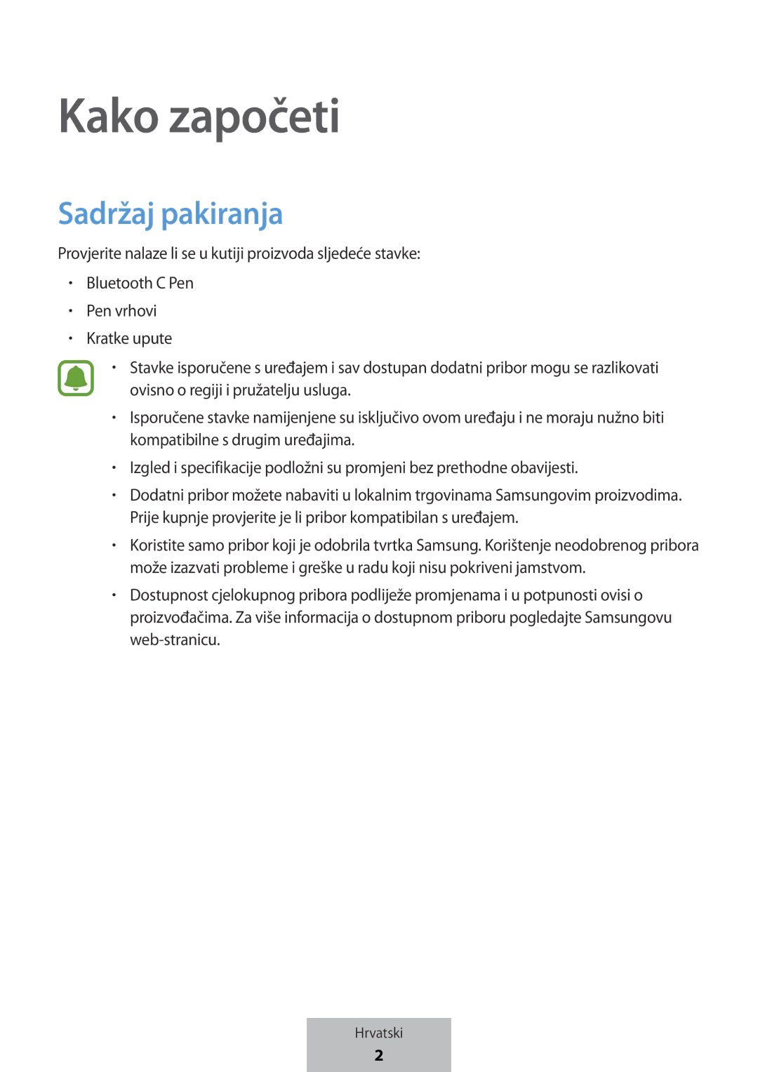 Samsung EJ-PW700CBEGWW manual Kako započeti, Sadržaj pakiranja 