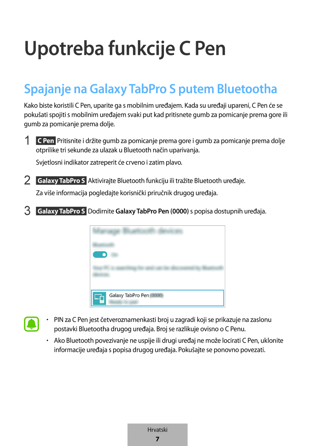 Samsung EJ-PW700CBEGWW manual Upotreba funkcije C Pen, Spajanje na Galaxy TabPro S putem Bluetootha 