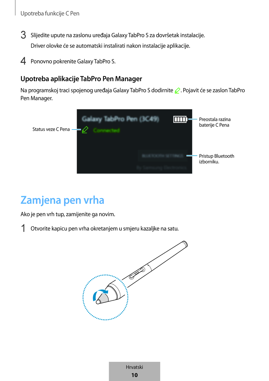 Samsung EJ-PW700CBEGWW manual Zamjena pen vrha, Upotreba aplikacije TabPro Pen Manager 