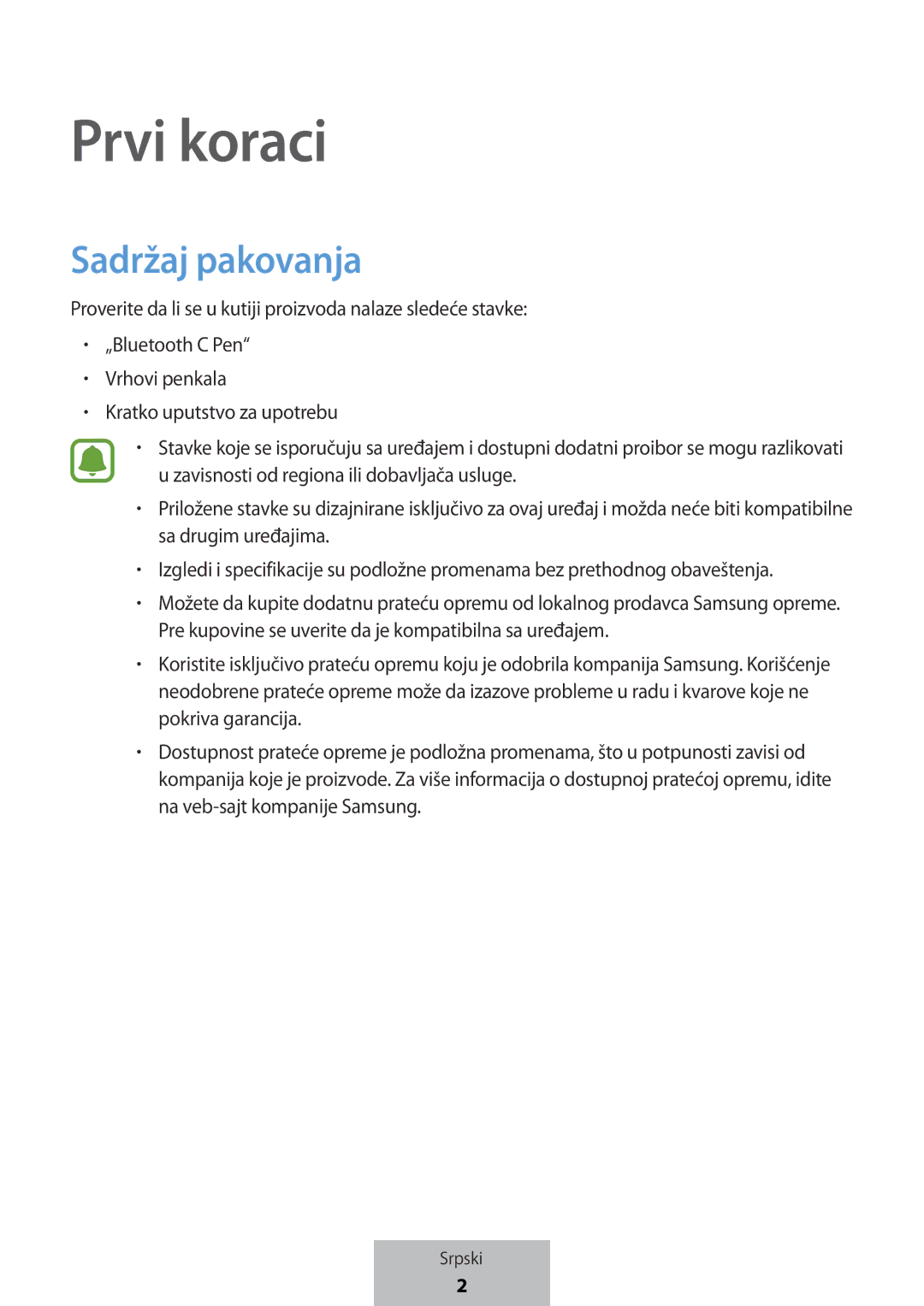 Samsung EJ-PW700CBEGWW manual Prvi koraci, Sadržaj pakovanja 