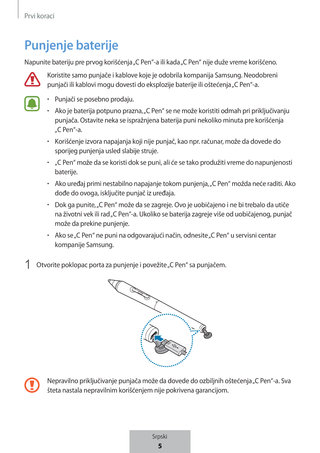 Samsung EJ-PW700CBEGWW manual Punjači se posebno prodaju, „C Pen-a, Sporijeg punjenja usled slabije struje, Baterije 