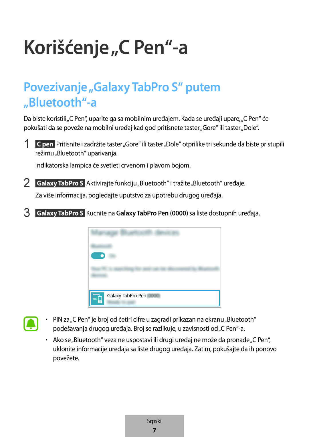 Samsung EJ-PW700CBEGWW manual Korišćenje„C Pen-a, Povezivanje„Galaxy TabPro S putem „Bluetooth-a 