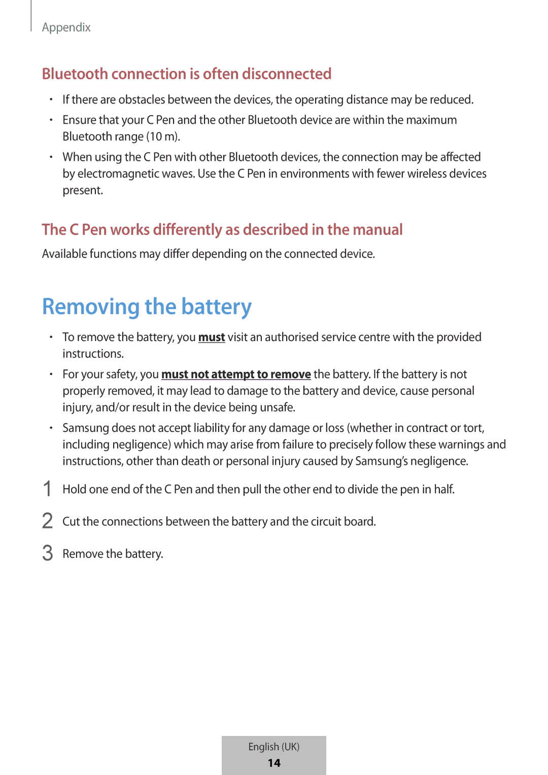 Samsung EJ-PW700CBEGWW Bluetooth connection is often disconnected, C Pen works differently as described in the manual 