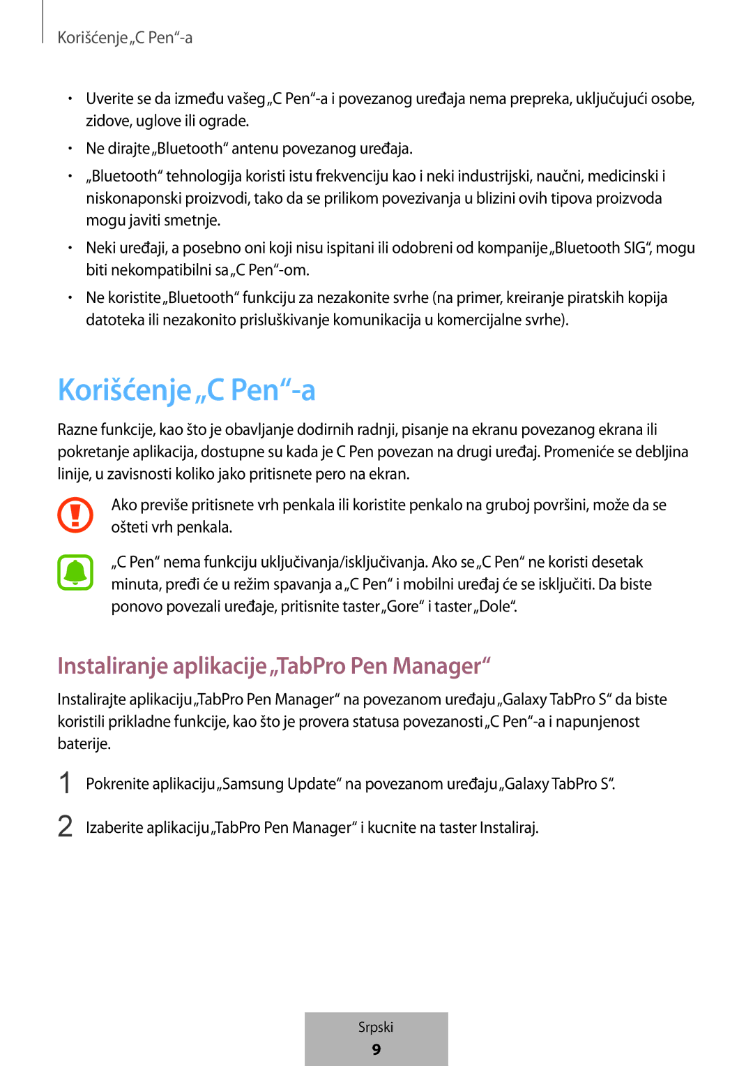 Samsung EJ-PW700CBEGWW manual Korišćenje„C Pen-a, Instaliranje aplikacije„TabPro Pen Manager 