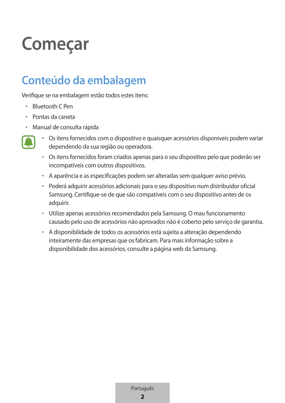 Samsung EJ-PW700CBEGWW manual Começar, Conteúdo da embalagem 