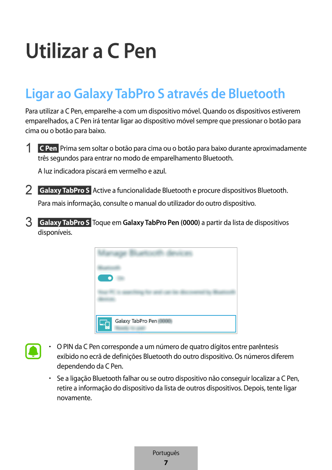 Samsung EJ-PW700CBEGWW manual Utilizar a C Pen, Ligar ao Galaxy TabPro S através de Bluetooth 