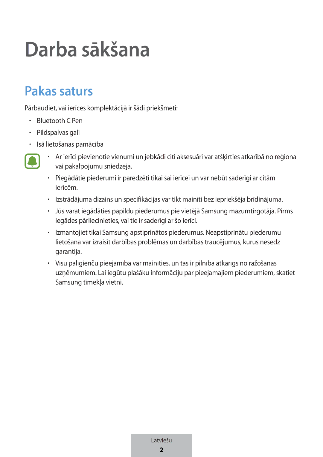 Samsung EJ-PW700CBEGWW manual Darba sākšana, Pakas saturs 