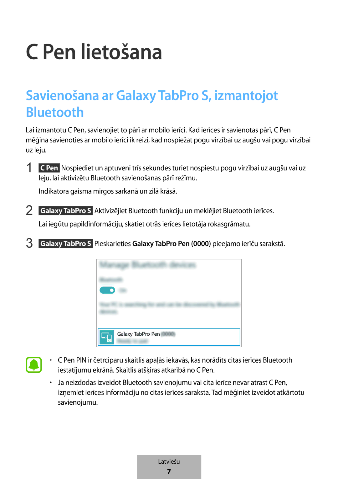 Samsung EJ-PW700CBEGWW manual Pen lietošana, Savienošana ar Galaxy TabPro S, izmantojot Bluetooth 