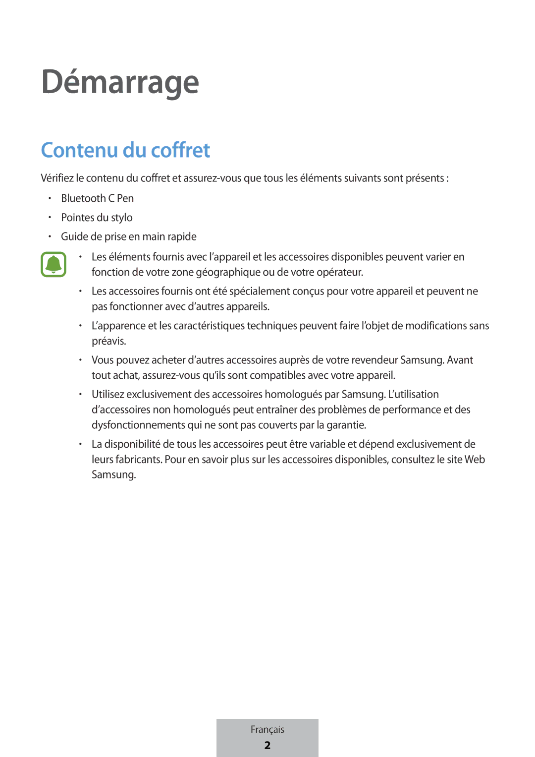 Samsung EJ-PW700CBEGWW manual Démarrage, Contenu du coffret 