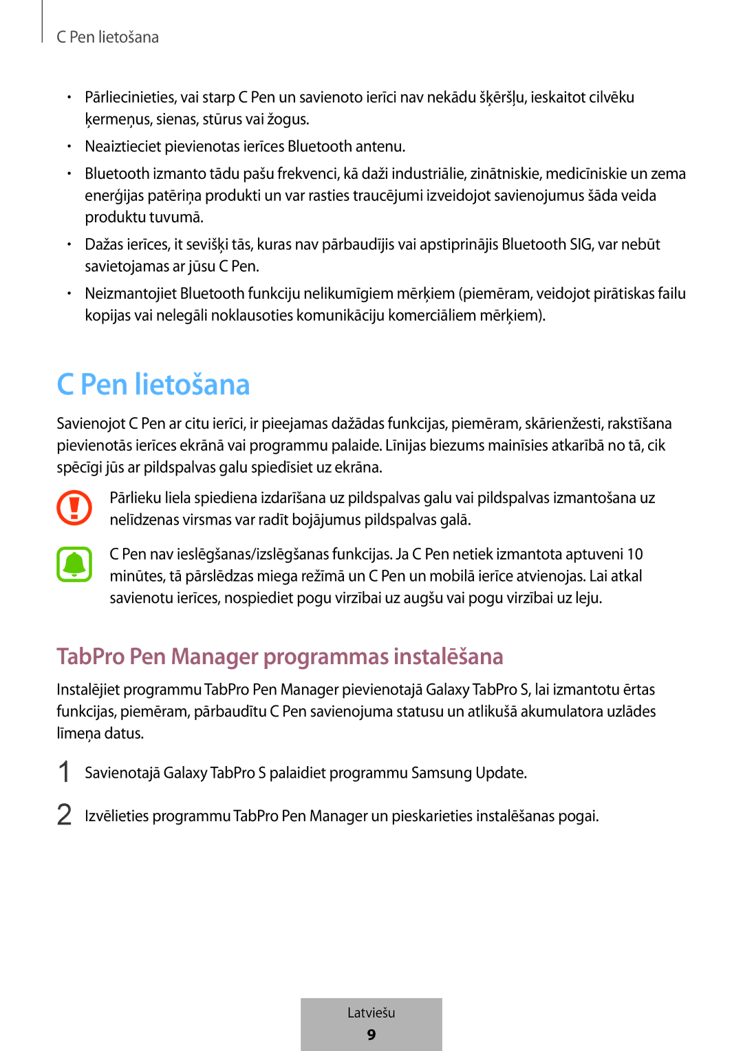 Samsung EJ-PW700CBEGWW manual Pen lietošana, TabPro Pen Manager programmas instalēšana 