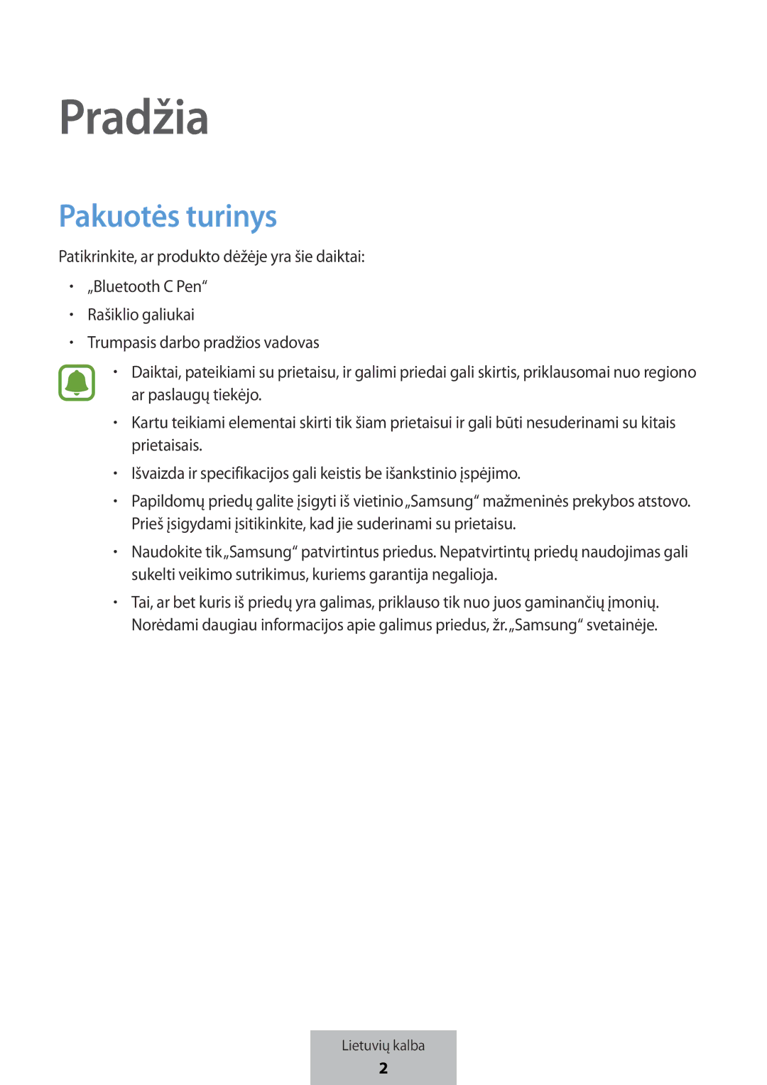 Samsung EJ-PW700CBEGWW manual Pradžia, Pakuotės turinys 